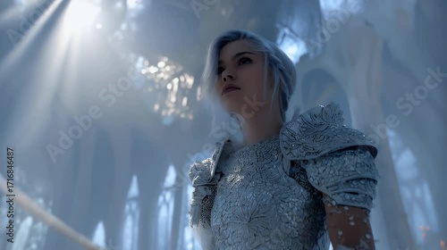 Armored valkyrie with silver braids holds sword in cathedral