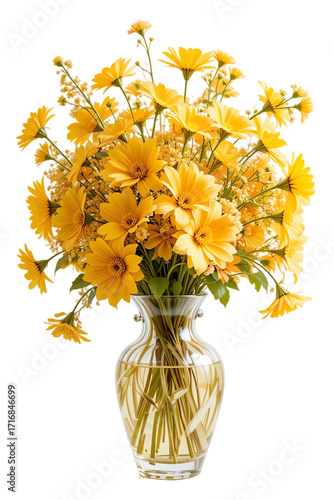 A vibrant bouquet of yellow flowers in a clear glass vase, showcasing nature's beauty and freshness.