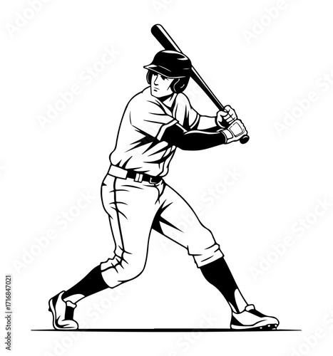 Dynamic baseball batter swinging bat ready to hit baseball sport action line art vector