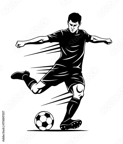 Dynamic soccer player kicking ball action line art sport athlete vector