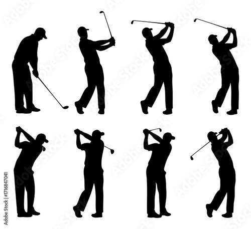 Dynamic golf swing sequence silhouette series captured in athletic poses vector