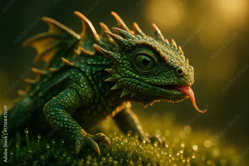 Fototapeta premium Emerald chameleon dragon perched on a mossy branch shimmering iridescent scales curling tail and rim light blending into a lush rainforest bokeh