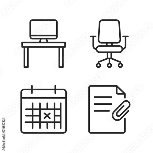 Clean outline icons representing office items such as workspace, chair, calendar, and file. Ideal for corporate, scheduling, and organizational projects