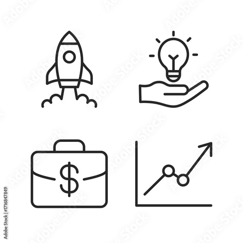 Clean outline icons showing rocket launch, light bulb idea, finance briefcase, and rising chart. Ideal for entrepreneurship, business growth, and creative innovation themes