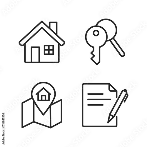 Clean outline icons showing house, keys, map with location pin, and signed document. Ideal for real estate, housing, contracts, and property services