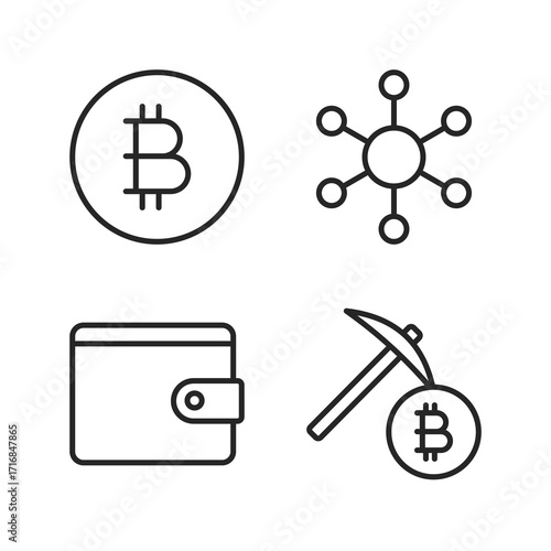 Set of simple line icons showing bitcoin, blockchain, wallet, and mining. Modern outline symbols for cryptocurrency, digital finance, and fintech concepts in vector design