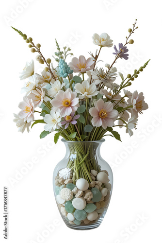Beautiful floral arrangement in a transparent vase with decorative stones, perfect for home decor or gift.