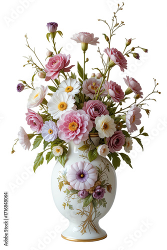Beautiful vase filled with various colorful flowers, showcasing elegance and vibrant natural beauty.