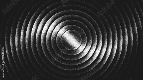 Swirling stippling pattern of concentric rings radiates with hypnotic balance and geometric rhythm. Twisted spiral illusion form hypnotic vortex effect for conceptual art posters and music visuals