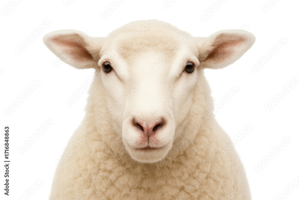 Fototapeta premium Gentle sheep portrait front view on pure white background high detail farm animal head isolated for cutout mockups education and veterinary use