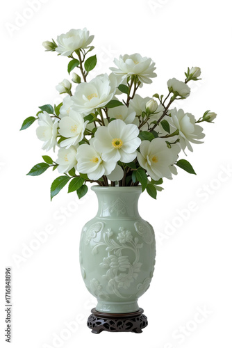 Wallpaper Mural Elegant vase with white flowers, green leaves on a white isolated background. Torontodigital.ca