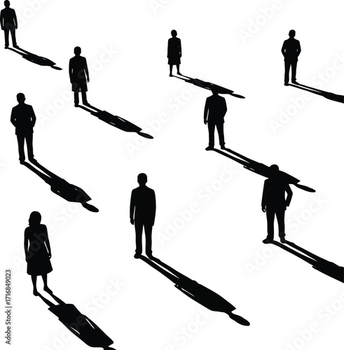 Silhouettes of people casting long shadows on a white background creating a stark and minimalist scene
