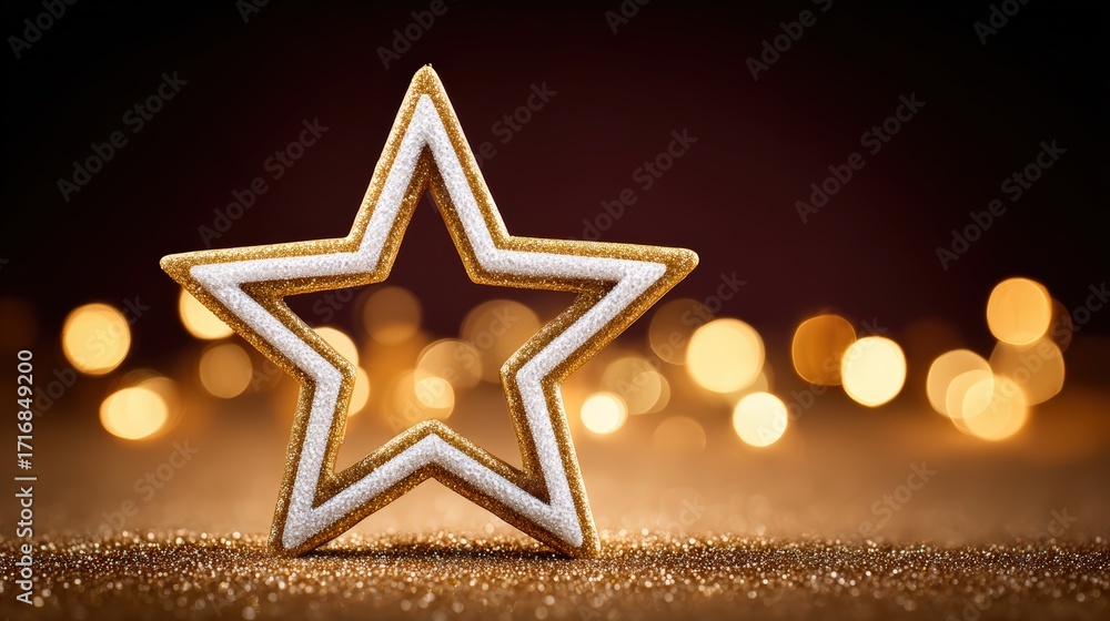 Fototapeta premium Golden star decoration on shimmering table with bokeh lights background for festive celebrations and holidays