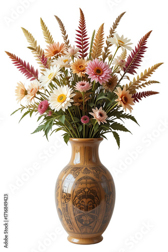Vibrant bouquet of mixed flowers in a decorative vase, showcasing an elegant arrangement against a white background.