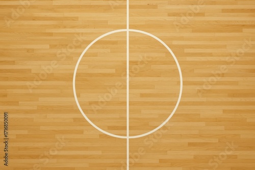 Polished maple basketball court floor top down view with painted lines and center circle glossy finish gymnasium wood texture clean sports background