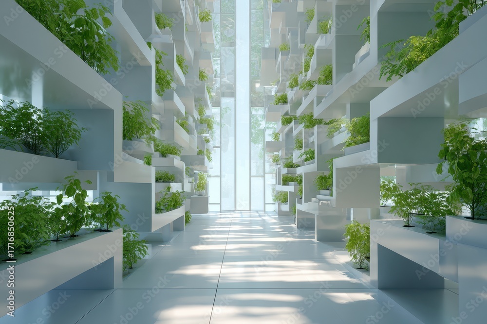 Fototapeta premium Bright modern interior with geometric vertical gardens, lush green plants, and natural light.