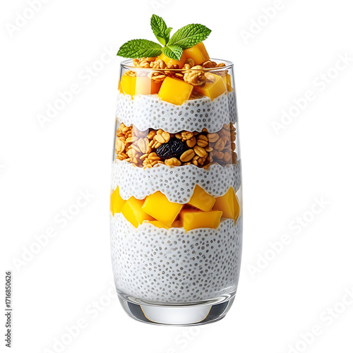 Vegan chia pudding parfait coconut milk mango granola layers isolated transparent background
