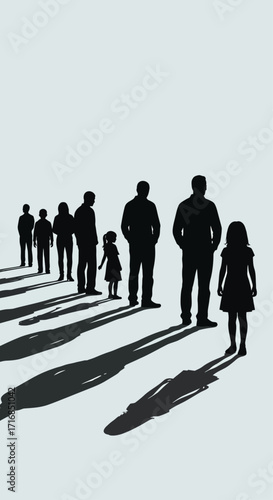 Silhouette of people standing in a line with long shadows cast on the ground in a monochrome setting