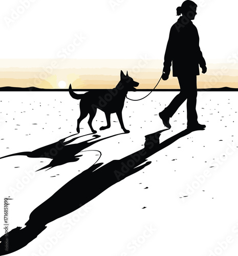 Silhouette of a person walking a dog on a bright sandy beach during sunset in a monochrome illustration