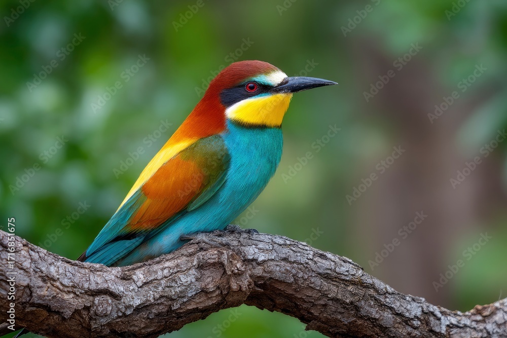 Fototapeta premium A beeeater bird perched on a branch shows its colorful plumage in a clear naturefocused shot