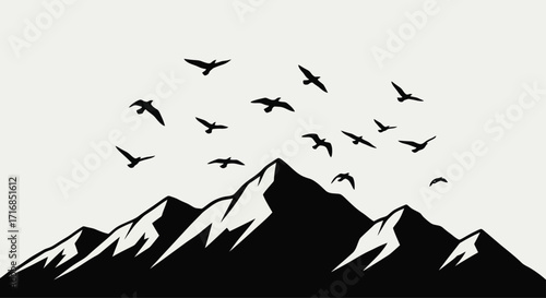 Silhouette of mountain range with snow peaks and birds flying above in a monochromatic illustration