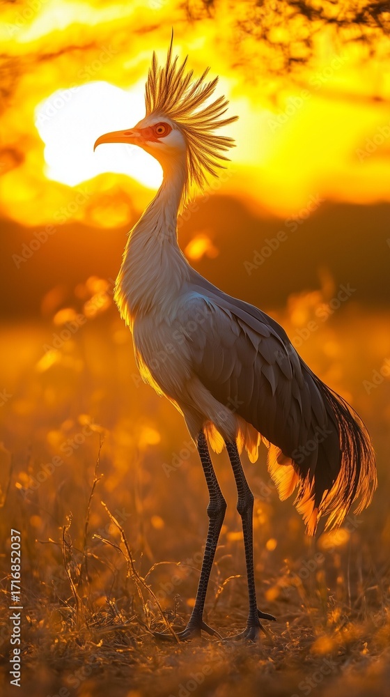 Obraz premium Striking secretary bird stmping through the African lains its elegant feathersglowing under the golden snrise ultra HD wildlife scne