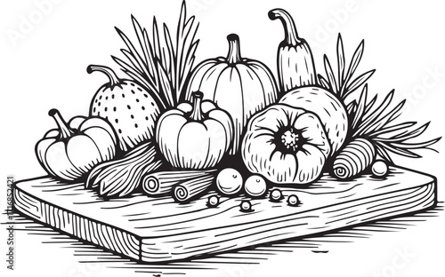 Cooking Ingredients for Recipe Vegetables on Cutting Board Hand-drawn Vector Illustration, Sketch Drawing Doodle Line Linear Symbol Icon Engraving Coloring Book, Black and White Isolated