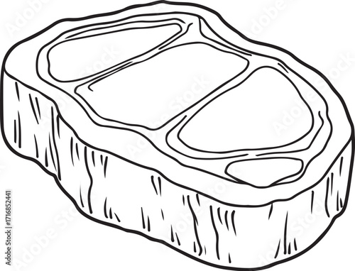 Rib Eye Steak Beef Meat Hand-drawn Vector Illustration, Sketch Drawing Doodle Line Linear Symbol Icon Engraving Coloring Book, Black and White Isolated