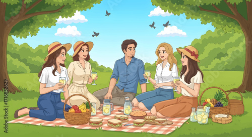 Illustration of four friends enjoying a picnic with lemonade and sandwiches in a lush green park, depicted in a vibrant, cheerful style.