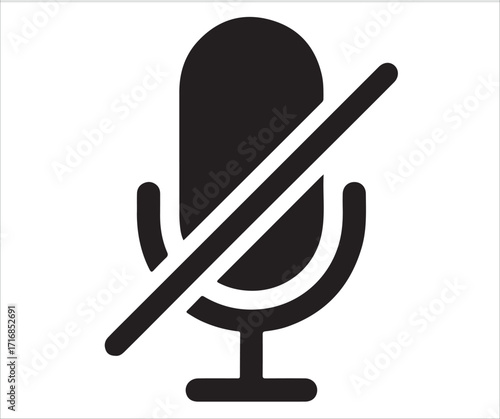 Muted microphone icon symbol isolated on white background, audio off illustration, silence and mute sign for communication, podcast, voice control, or sound restriction concepts, minimal black vector 