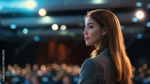 Professional Woman Engaged in a Conference Setting with Audience in Background