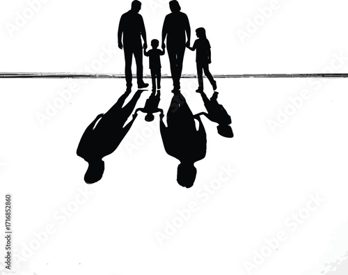 Silhouette of a family of four walking together with their shadows cast on a bright white surface below them