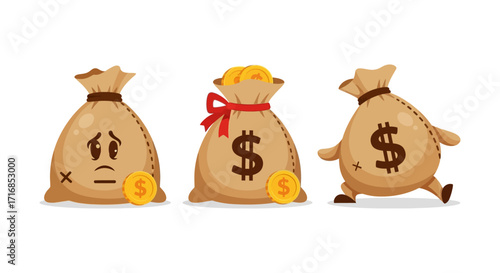 Three money bags with dollar signs expressing different emotions and actions vector