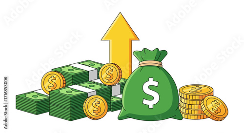 Financial growth concept green money bags stacked bills gold coins and upward arrow vector