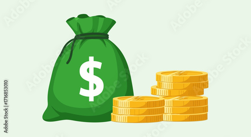 Green money bag with stacked gold bars representing wealth and financial success vector