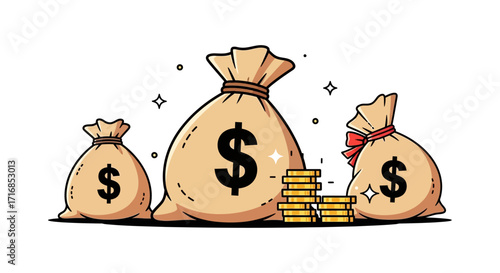 Three sacks of money with dollar signs and stack of gold coins representing wealth vector