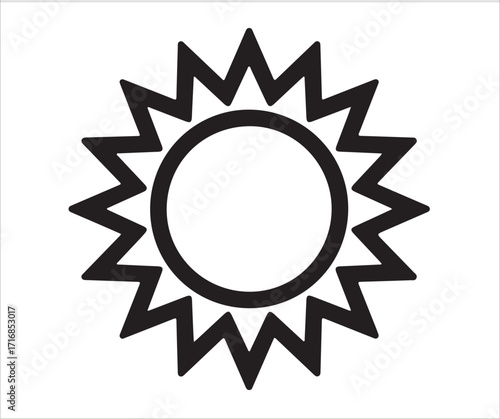 Black silhouette sun icon with sharp rays isolated on white background