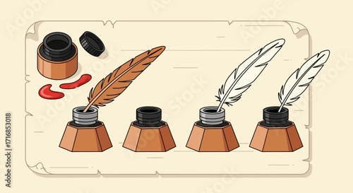 Vintage quill pens and inkwells arranged artistically for a timeless writing experience vector
