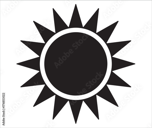 Black sun icon with sharp rays silhouette isolated on white background, abstract sunshine illustration, energy and heat concept symbol, minimal solar design for web, print, infographic, and creative u