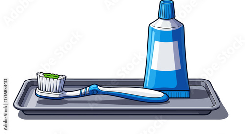Flat lay of toothbrush and blue toothpaste tube on a gray tray against a white background, simple illustration style, clean and hygienic mood.