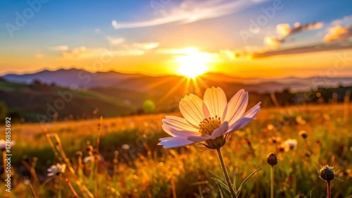 Golden hour blooms: Captivating sunset scenery over flower meadow and distant mountains landscape,