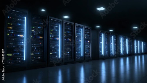 High-tech data center featuring rows of servers, illuminated by blue lights, representing advanced technology and digital infrastructure.