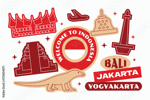 Indonesia travel stickers elements collection in flat style.