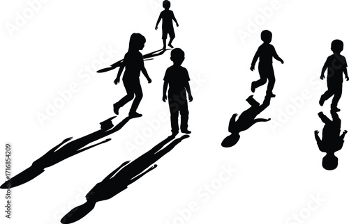Silhouette depiction of several children playing outdoors on a sunny day with visible long shadows cast