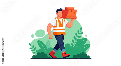 A construction worker carries bricks on his shoulder,  illustrated in a flat vector style with green foliage background, conveying a hardworking mood.