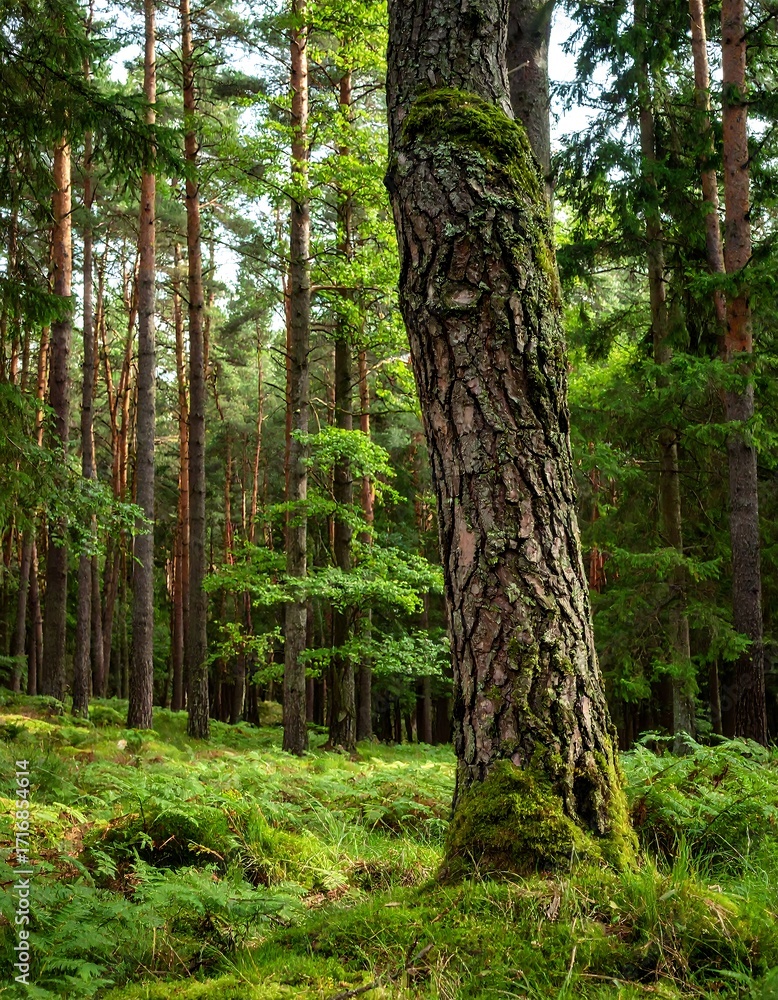 Naklejka premium Lush forest scene with mossy tree trunk