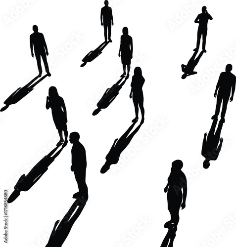 Silhouette figures of people standing with long shadows on a white background in a high angle view image