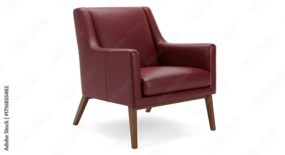 Obraz premium Red leather armchair with wooden legs on white background upholstery