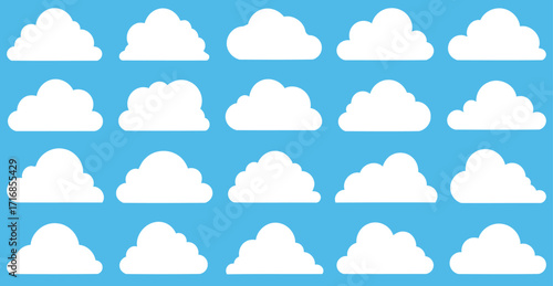 A collection of 20 cloud icons in a flat design style a vector set of various white, fluffy cartoon cloud shapes for use in weather, nature and technology themed projects
