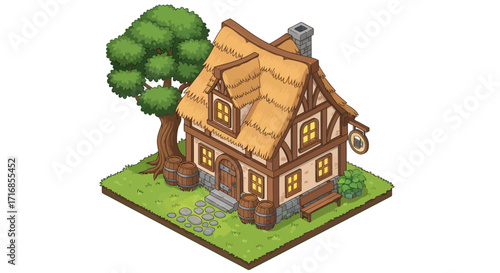 Isometric illustration of a charming thatched-roof cottage with wooden barrels, a tree, and a sign, in warm earthy tones against a green background.